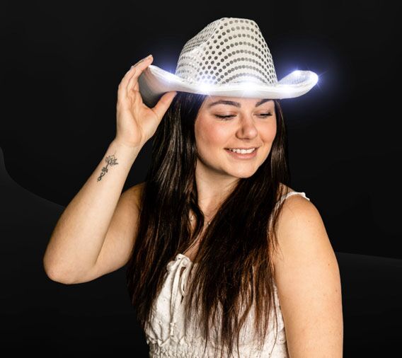 LED Light Up Sequin Cowboy Hat Silver Adult LED Light Up Sequin Cowboy Hat Silver Adult
