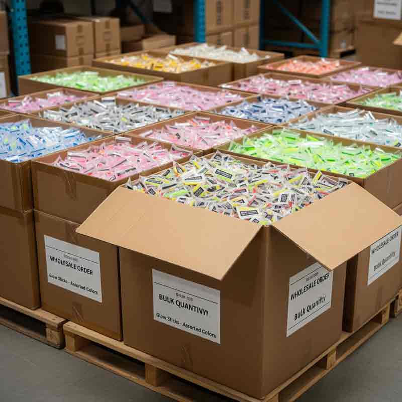 Bulk glow sticks in assorted colors ready for shipping