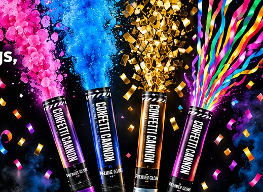 Colorful confetti and streamer cannons bursting with celebration effects