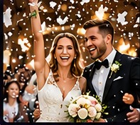 Wedding couple celebrating with falling confetti