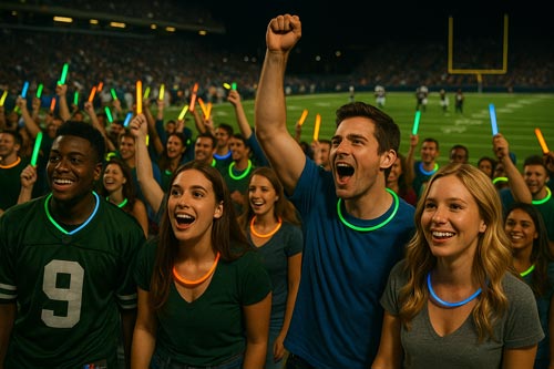 Fans cheering with glow sticks at football game