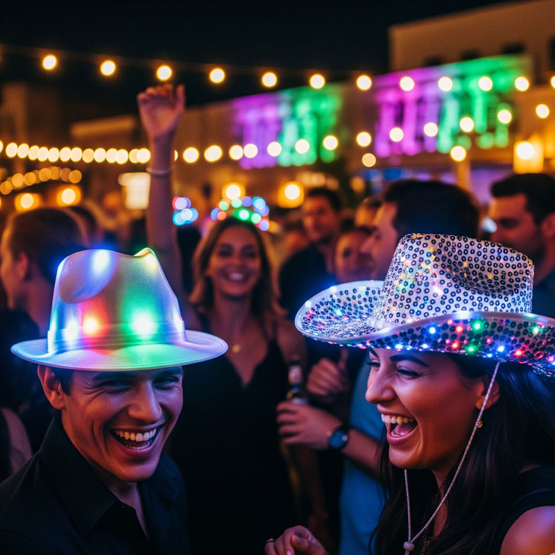 A group of friends wearing LED headbands at a party, smiling and dancing.