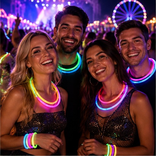 Friends wearing colorful glowing necklaces and bracelets at a night festival