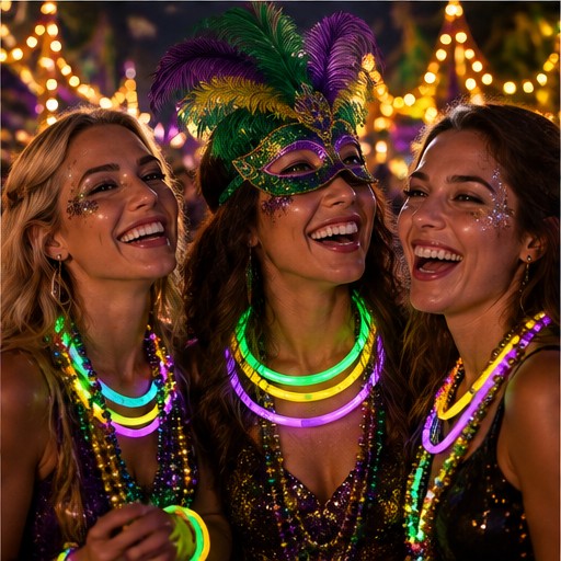 Mardi Gras party guests wearing purple green and gold glow necklaces