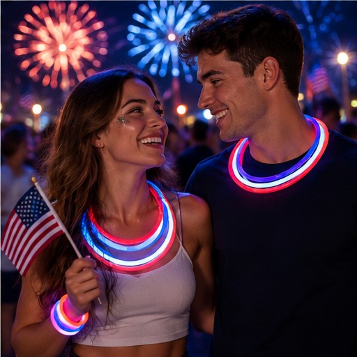 People wearing red white and blue glow necklaces at a patriotic celebration