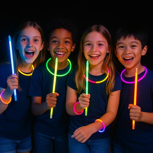 children wearing glow sticks at a party